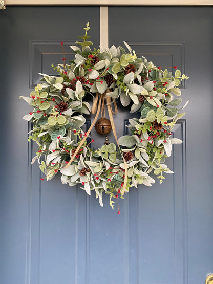 Winter Bell Door Wreath with Berries and Pine Cones, Christmas Rusty Jingle Bell Lambs Ear Eucalyptus Rustic Wreath, Minimalist Farmhouse