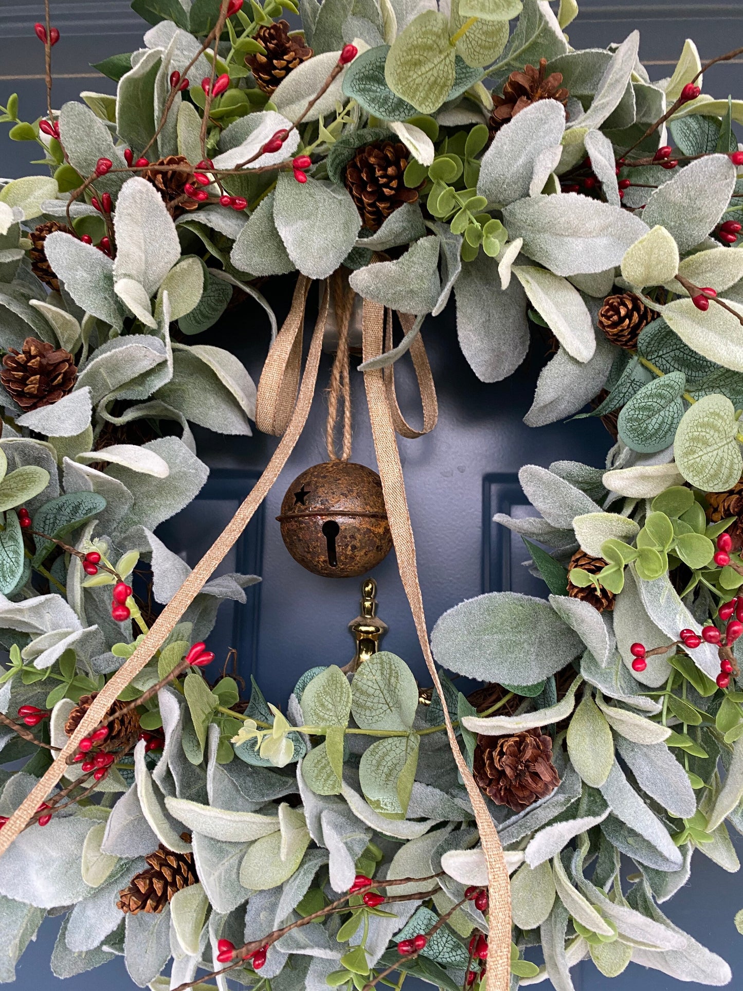 Winter Bell Door Wreath with Berries and Pine Cones, Christmas Rusty Jingle Bell Lambs Ear Eucalyptus Rustic Wreath, Minimalist Farmhouse