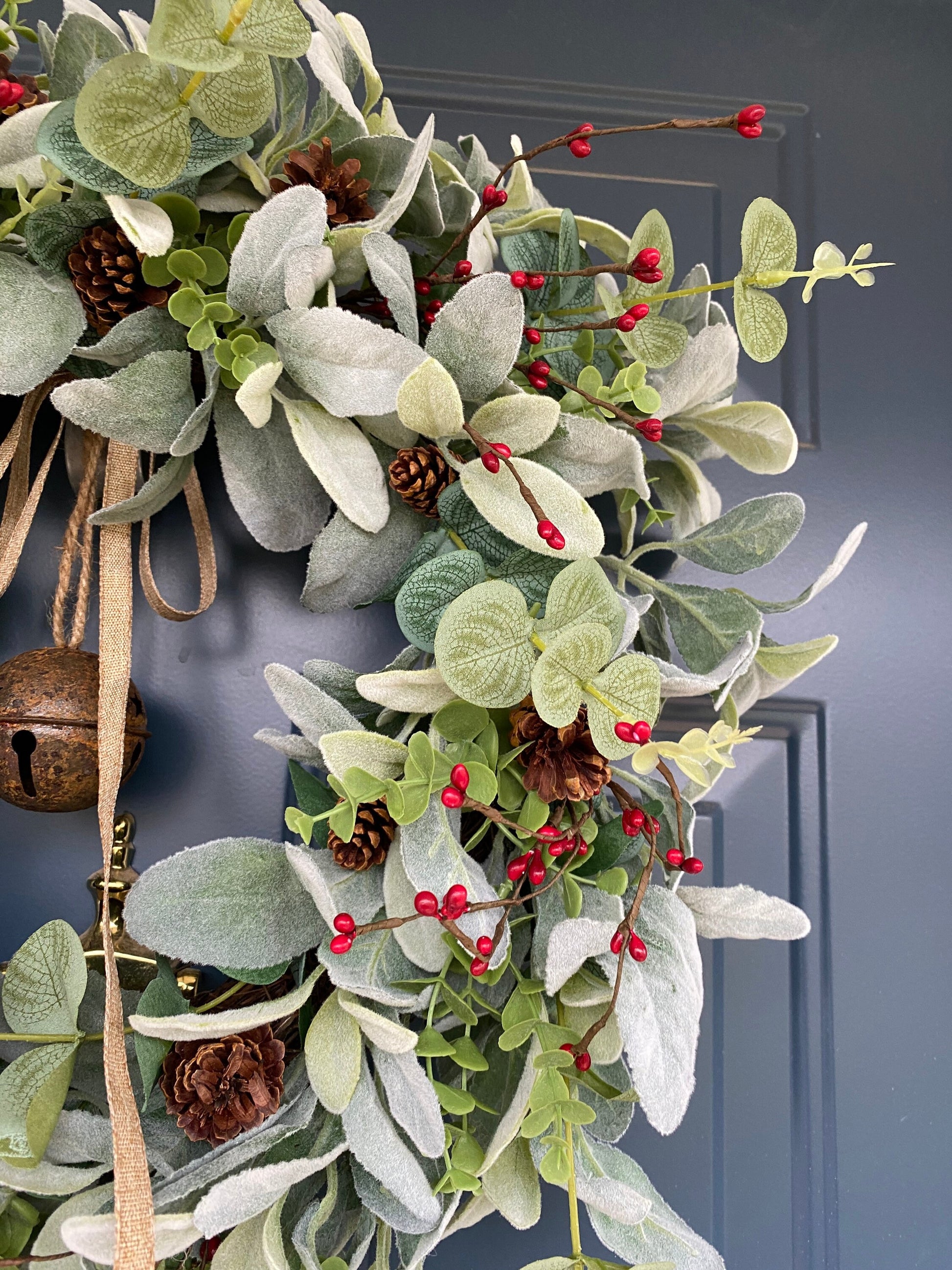 Winter Bell Door Wreath with Berries and Pine Cones, Christmas Rusty Jingle Bell Lambs Ear Eucalyptus Rustic Wreath, Minimalist Farmhouse