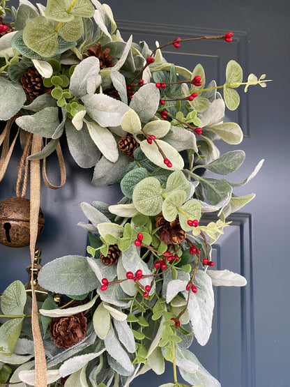 Winter Bell Door Wreath with Berries and Pine Cones, Christmas Rusty Jingle Bell Lambs Ear Eucalyptus Rustic Wreath, Minimalist Farmhouse