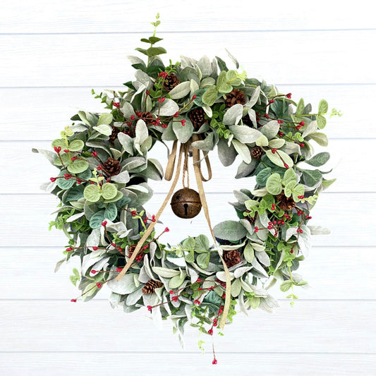 Winter Bell Door Wreath with Berries and Pine Cones, Christmas Rusty Jingle Bell Lambs Ear Eucalyptus Rustic Wreath, Minimalist Farmhouse