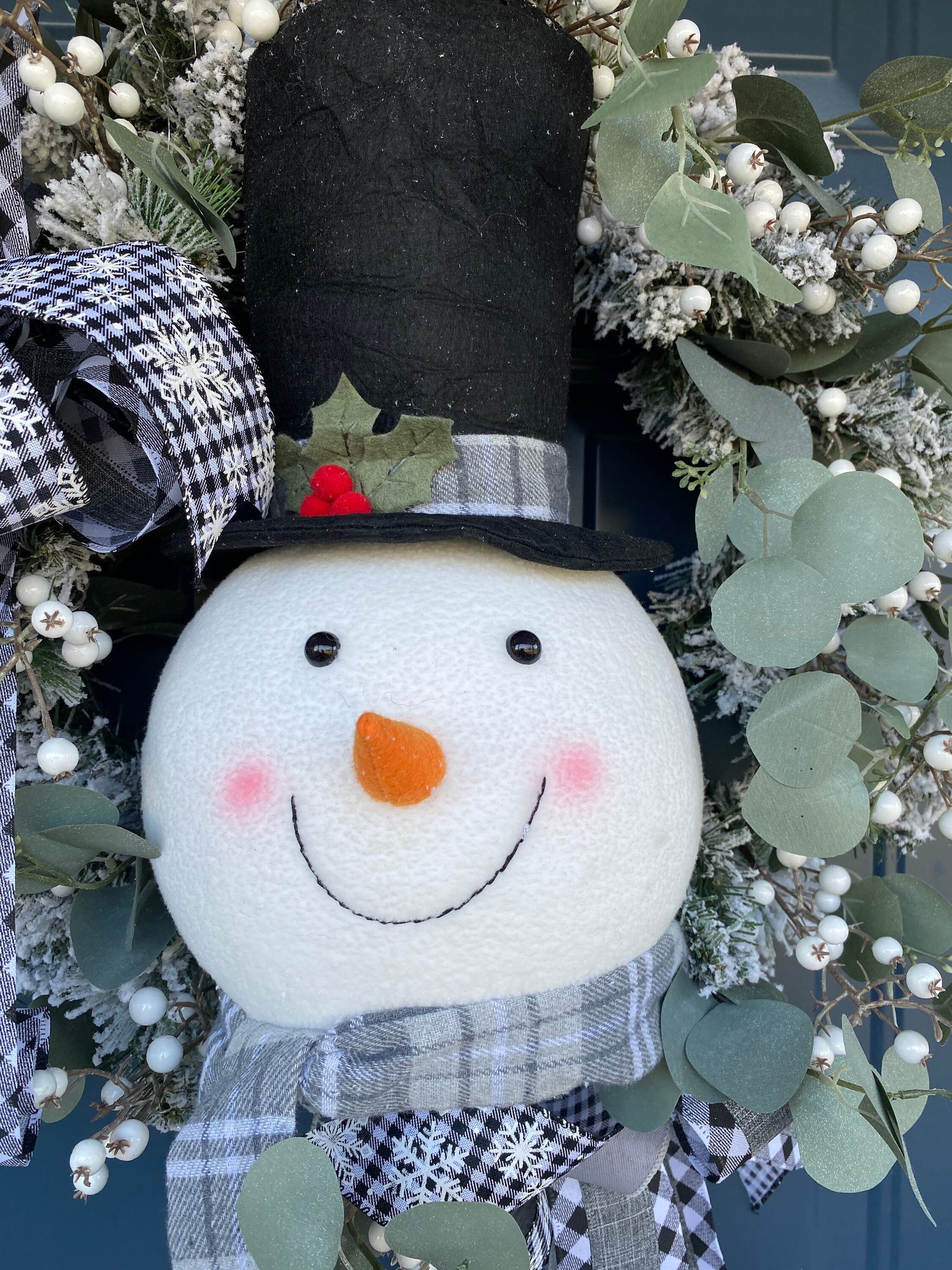 Snowman Winter Wreath for Front Door, XL Snowman Head Flocked wreath with Eucalyptus, Farmhouse Wreath for Interior, Snowy Decor