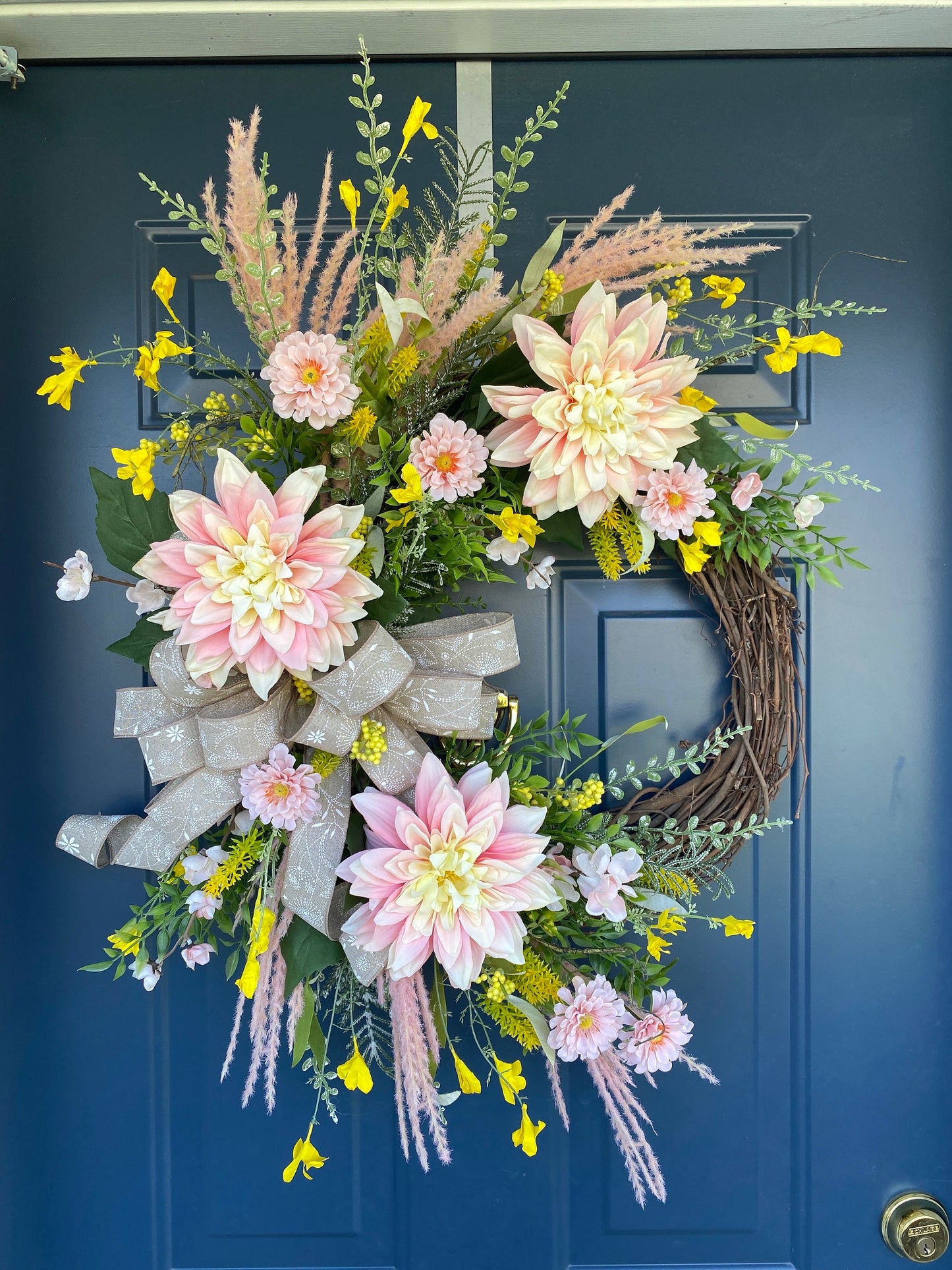 Pink Yellow Dahlia and Wildflower Floral Wreath, Boho Spring Summer Decorative Door Decorations, Country Cottage Garden Mothers Day Gift