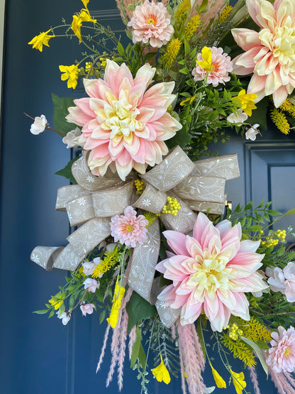 Pink Yellow Dahlia and Wildflower Floral Wreath, Boho Spring Summer Decorative Door Decorations, Country Cottage Garden Mothers Day Gift