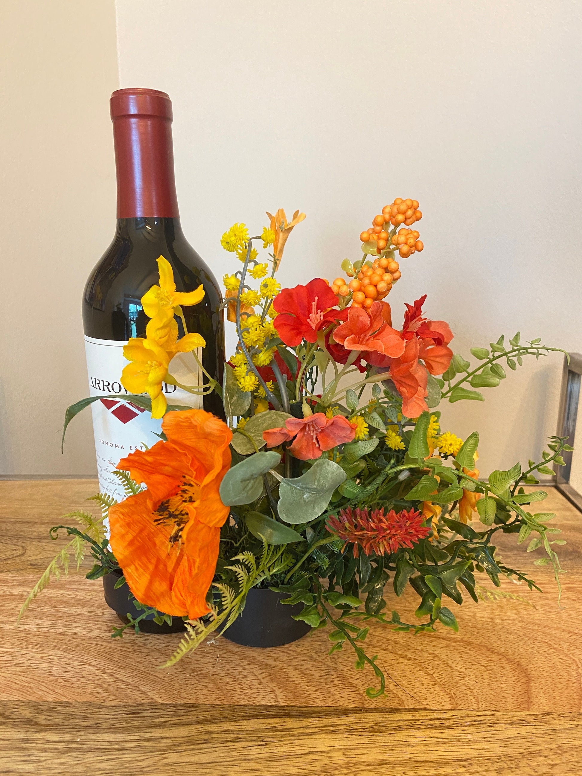 Bright Floral Wine Bottle Bouquet, Summer Arrangement for Candle Hostess Gift, Housewarming Gift, Bridal Shower Decor, Mother’s Day Gift,