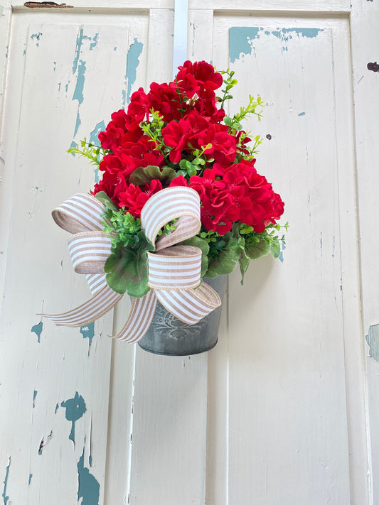 Summer Red Geranium Door Bucket Wreath for Front Door, Rustic Red Geranium Wreath, Red Geranium Boxwood Porch Arrangement, Hanging Basket