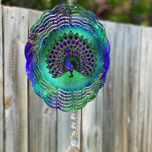 Peacock Wind Spinner, Hanging Stained Glass Look Peacock Metal Wind Spinner, Garden Lover Gifts, Yard Art Peacock Sun Catcher