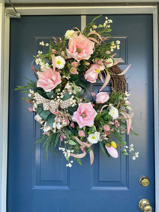 Elegant Pink Magnolia Year Round Wreath for Front Door, Xtra Large Everyday Floral Wreath