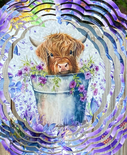Highland Cow Wind Spinner, Baby Highland Cow in bucket of flowers Metal Wind Spinner, Garden Lover Gifts, Yard Art Farm Life Sun Catcher