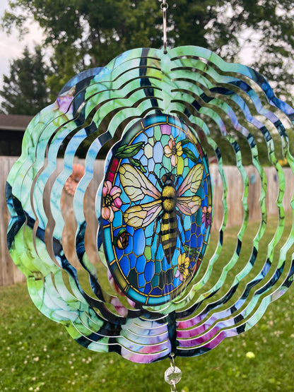 Honey Bee Wind Spinner, Hanging Stained Glass Effect Bee Wind Spinner, Bee Gifts, Yard Art Metal Honey Bee Wind Sun Catcher