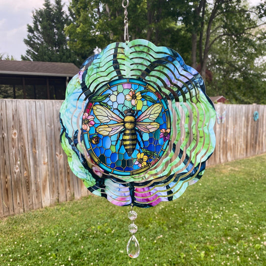 Honey Bee Wind Spinner, Hanging Stained Glass Effect Bee Wind Spinner, Bee Gifts, Yard Art Metal Honey Bee Wind Sun Catcher