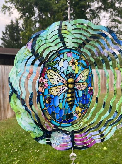 Honey Bee Wind Spinner, Hanging Stained Glass Effect Bee Wind Spinner, Bee Gifts, Yard Art Metal Honey Bee Wind Sun Catcher