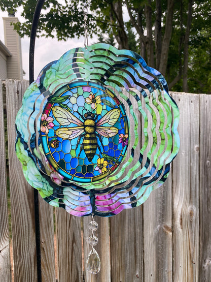 Honey Bee Wind Spinner, Hanging Stained Glass Effect Bee Wind Spinner, Bee Gifts, Yard Art Metal Honey Bee Wind Sun Catcher