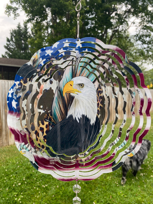 Eagle American Flag Wind Spinner, Bald Eagle Flag Wind Catcher, Americana Outdoor Decor, Patriotic Yard Art Sun Catcher and Wind Twister