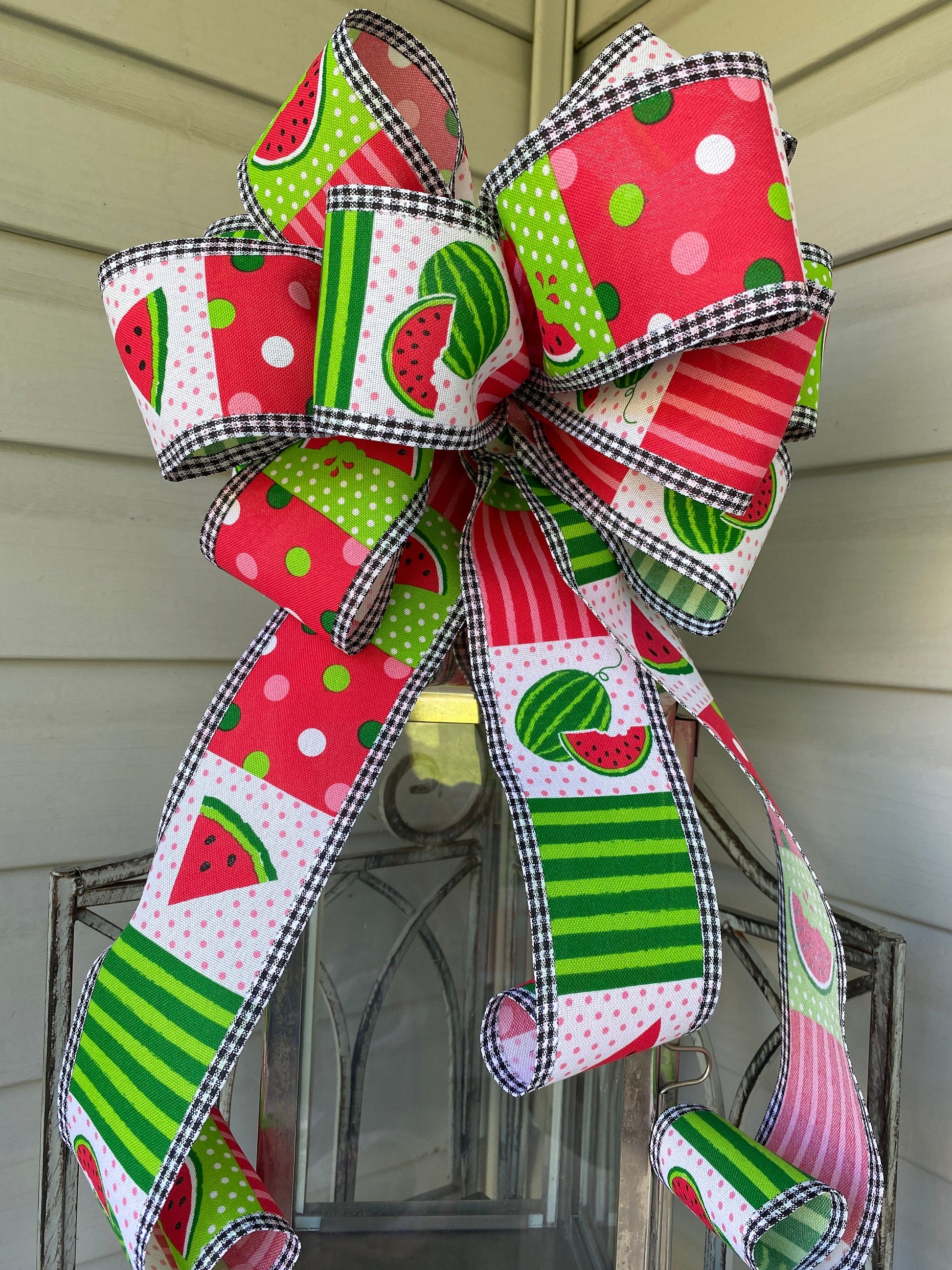 Large Watermelon Wreath Bow, Summer Lantern Bow, Porch Light Bow, Mailbox Bow, Summer Picnic Decor, Summer Deck Party Bow, gift basket bow