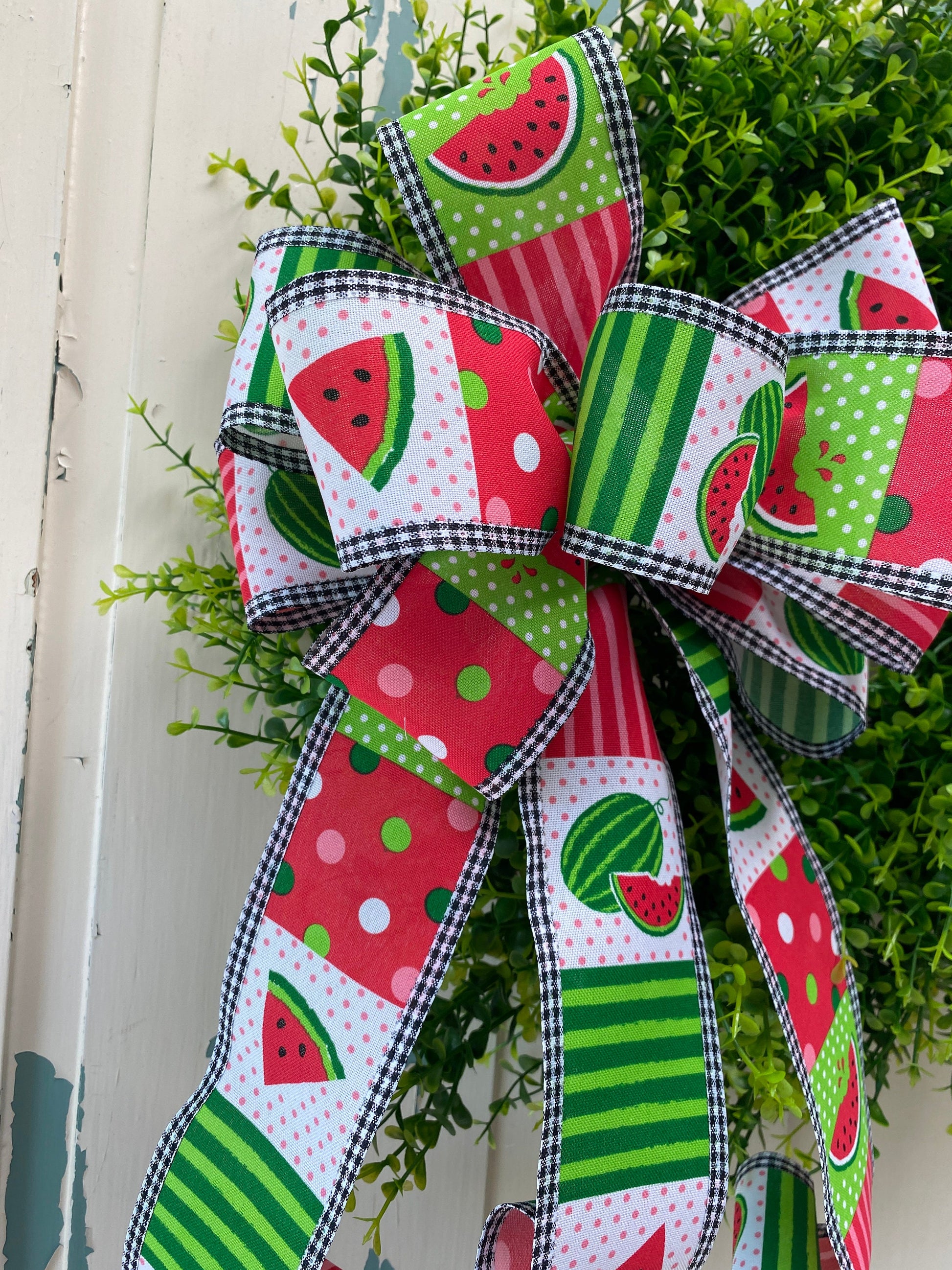 Large Watermelon Wreath Bow, Summer Lantern Bow, Porch Light Bow, Mailbox Bow, Summer Picnic Decor, Summer Deck Party Bow, gift basket bow