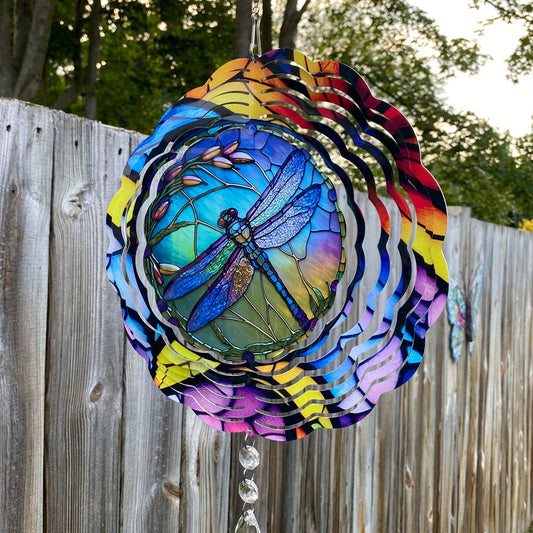 Colorful Stained Glass Look Dragonfly Wind Spinner, Gardener Gift metal Wind Catcher, Dragonfly Gifts, Hanging Porch Decor Sun Catcher