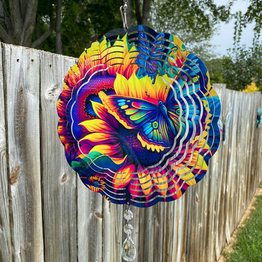 Sunflower and Butterfly Wind Spinner, Hanging Bright Colored Summer Buttefly Flower Wind Sun Catcher, Sunflower Gifts, Butterfly Garden Art