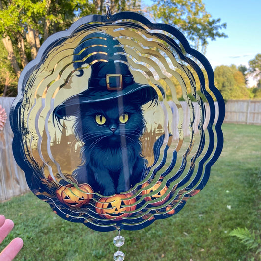 Halloween Black Cat with Pumpkin Wind Spinner, Spooky Kitty Porch Wind Catcher, Fall Hanging Outdoor Decoration. Garden Porch Decor Gifts
