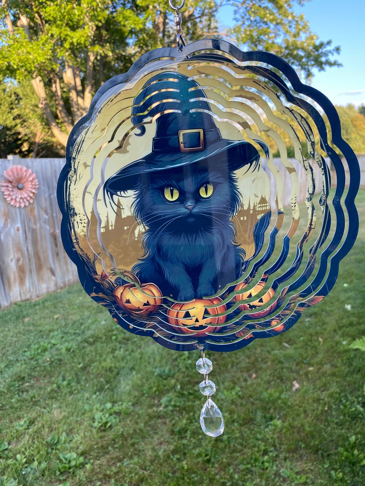 Halloween Black Cat with Pumpkin Wind Spinner, Spooky Kitty Porch Wind Catcher, Fall Hanging Outdoor Decoration. Garden Porch Decor Gifts