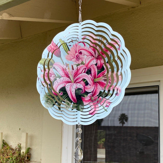 Stargazer Lily Wind Spinner, Hanging Bright Colored Summer Flower Wind Sun Catcher, Twirling Outdoor Gifts, Lily Flower Gift for Gardener