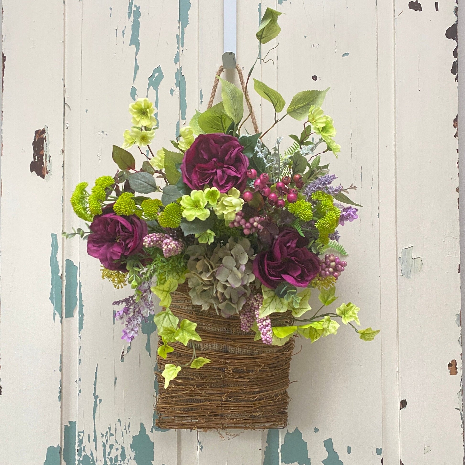 Peony Door Hanger Basket Wreath, Summer Hanging Wildflower Flower Basket, Rustic Artificial Floral Decor, Rattan Basket Wall Arrangement