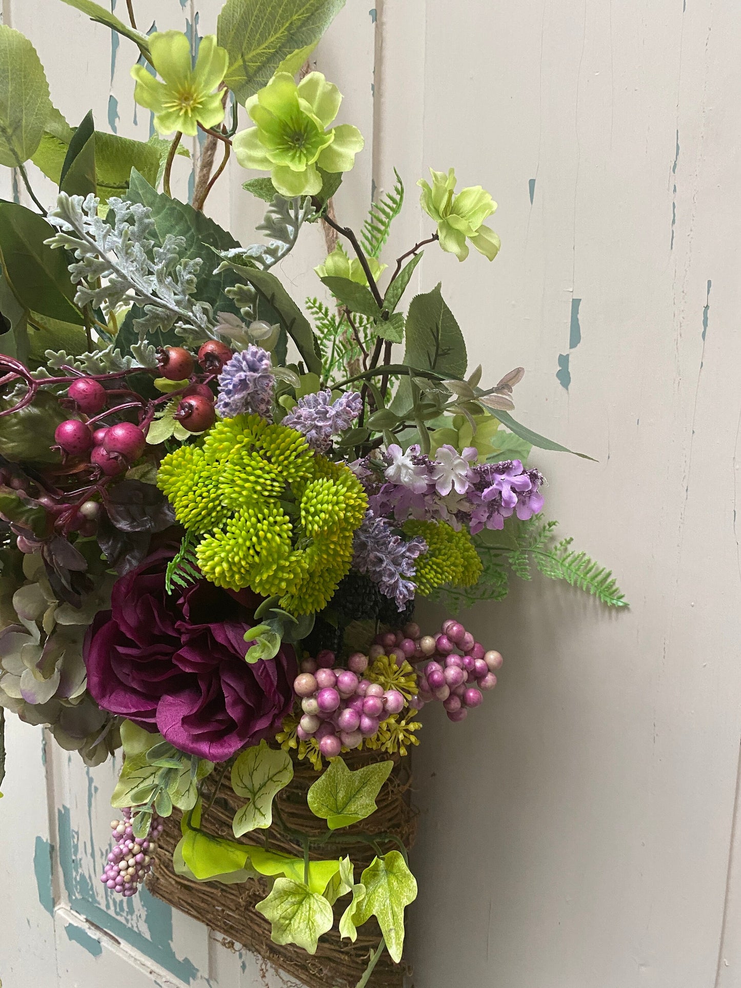 Peony Door Hanger Basket Wreath, Summer Hanging Wildflower Flower Basket, Rustic Artificial Floral Decor, Rattan Basket Wall Arrangement